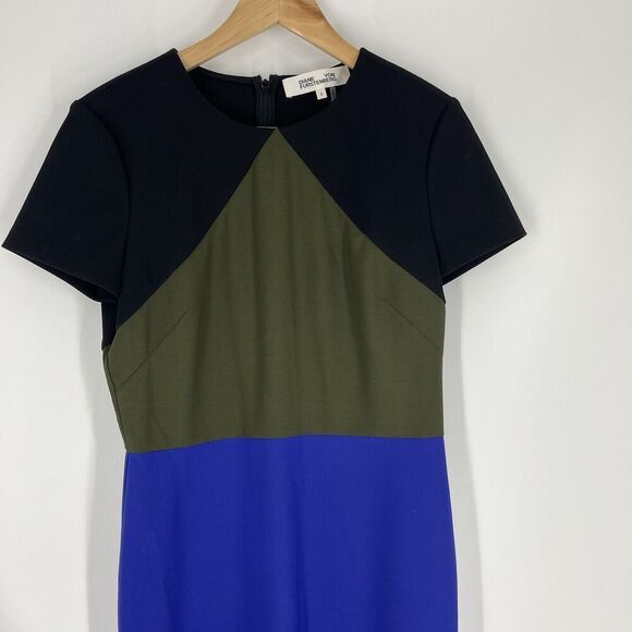 Diane Von Furstenberg Dress Size 6 Green Black Colorblock Midi Sheath Tailored - Picture 2 of 6